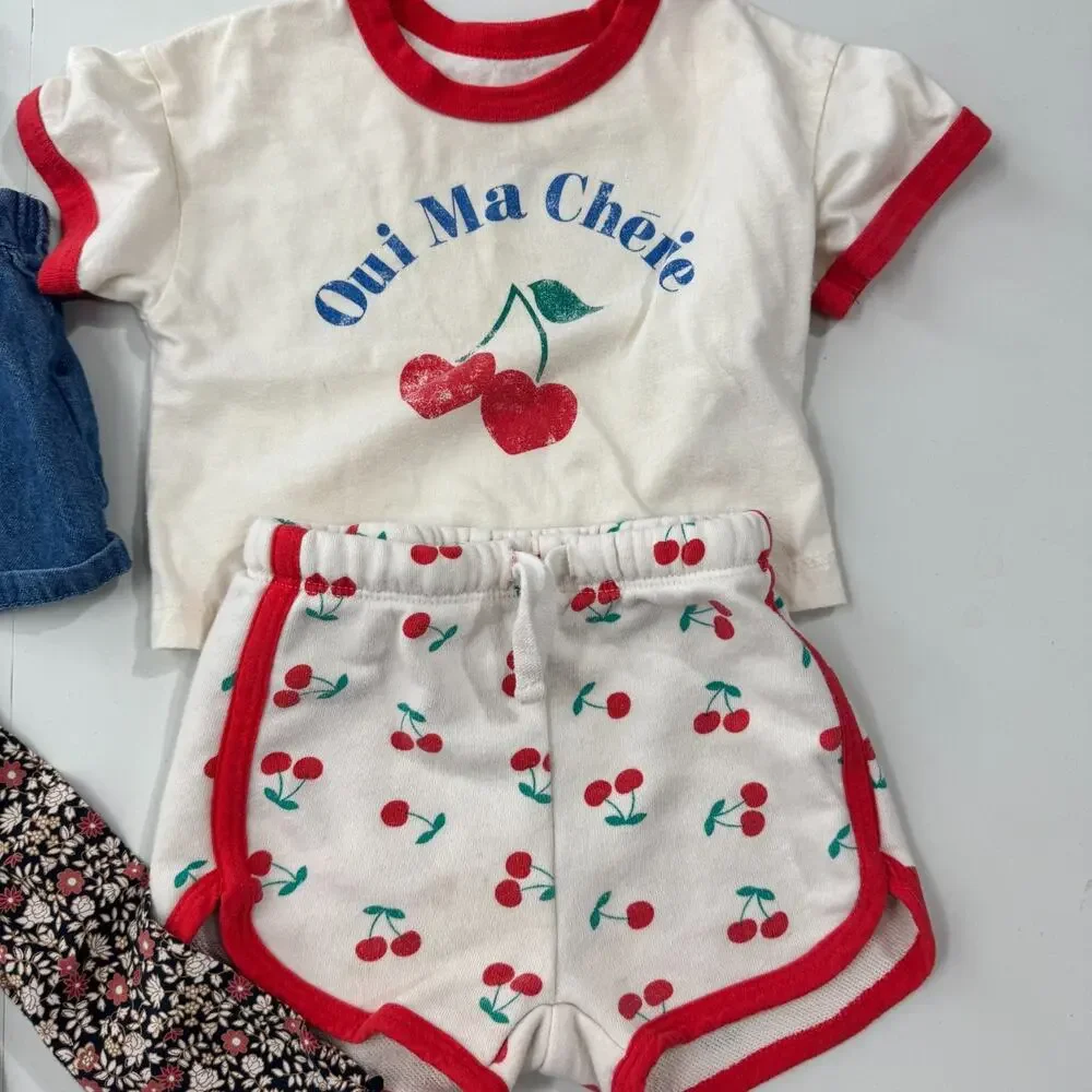 Grayson & Old Navy Lot of Baby Shirts Shorts Girls 6-12 Months Blue Cherries